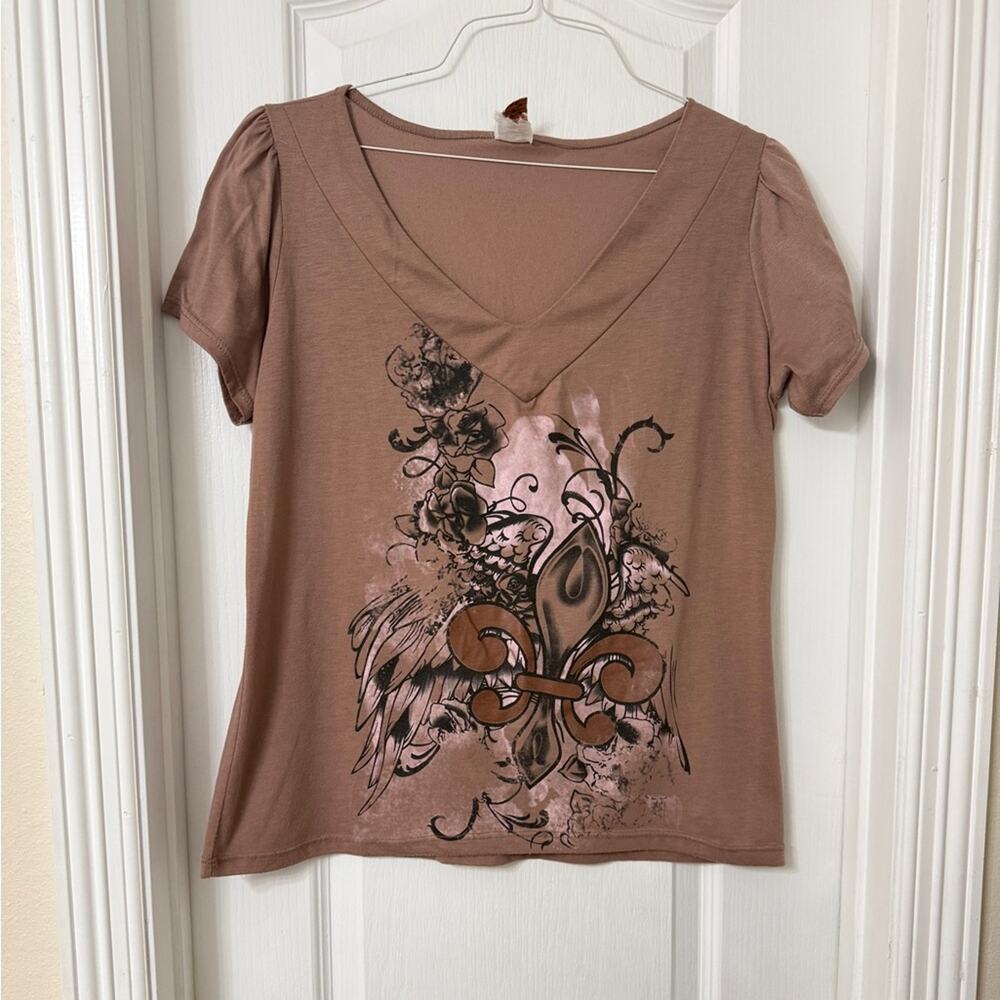 Cleek brown short sleeve V-neck floral fleur de lis design Y2K Size L